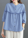 UTCOCO Womens Plaid Button Down Shirts Casual Loose Fit 3/4 Sleeve Gingham Top Checkered Blouses