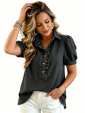 CHOUYATOU Denim Shirt Women Y2k Ruffle Denim Top Button Down Jean Shirt 2026 Summer Puff Short Sleeve Blouse