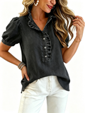 CHOUYATOU Denim Shirt Women Y2k Ruffle Denim Top Button Down Jean Shirt 2026 Summer Puff Short Sleeve Blouse