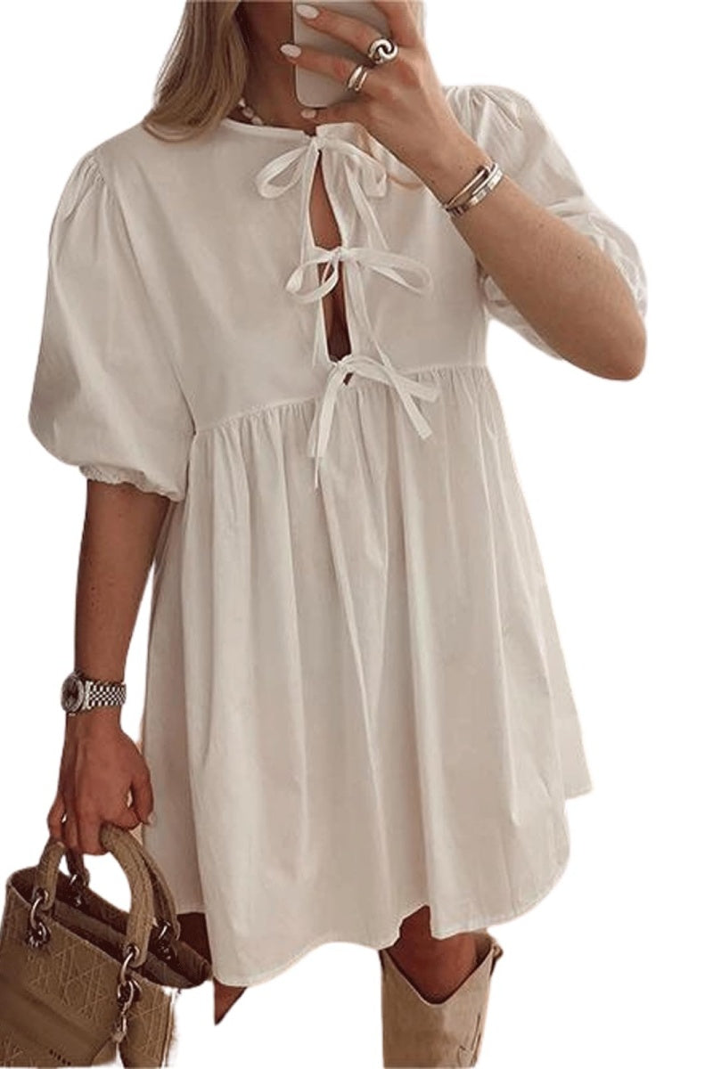 Chouyatou Women's Cute Bow Tie Front Mini Dress Babydoll Puff Short Sleeve Dresses Ruffle Y2k Peplum Sundress