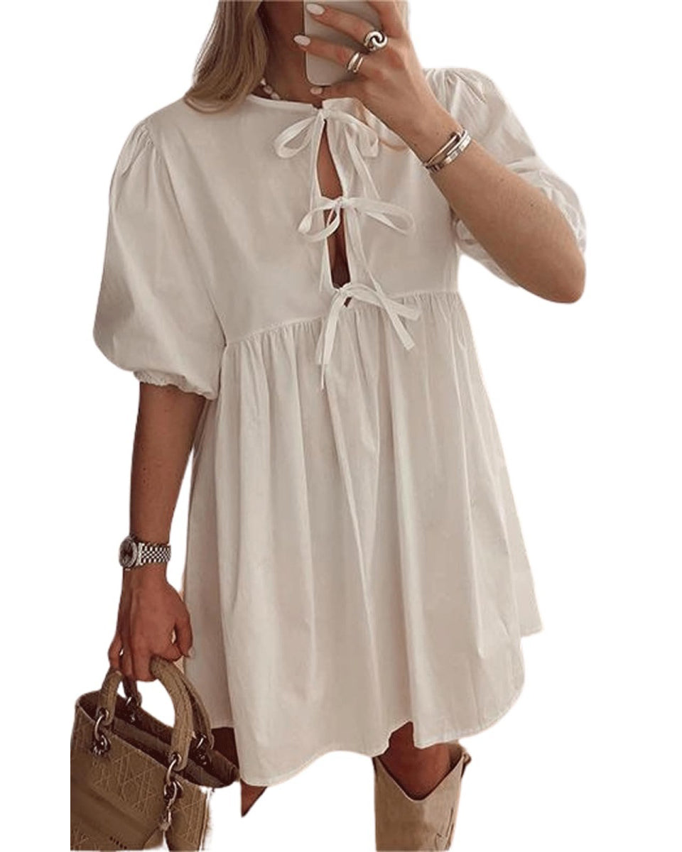 Chouyatou Women's Cute Bow Tie Front Mini Dress Babydoll Puff Short Sleeve Dresses Ruffle Y2k Peplum Sundress
