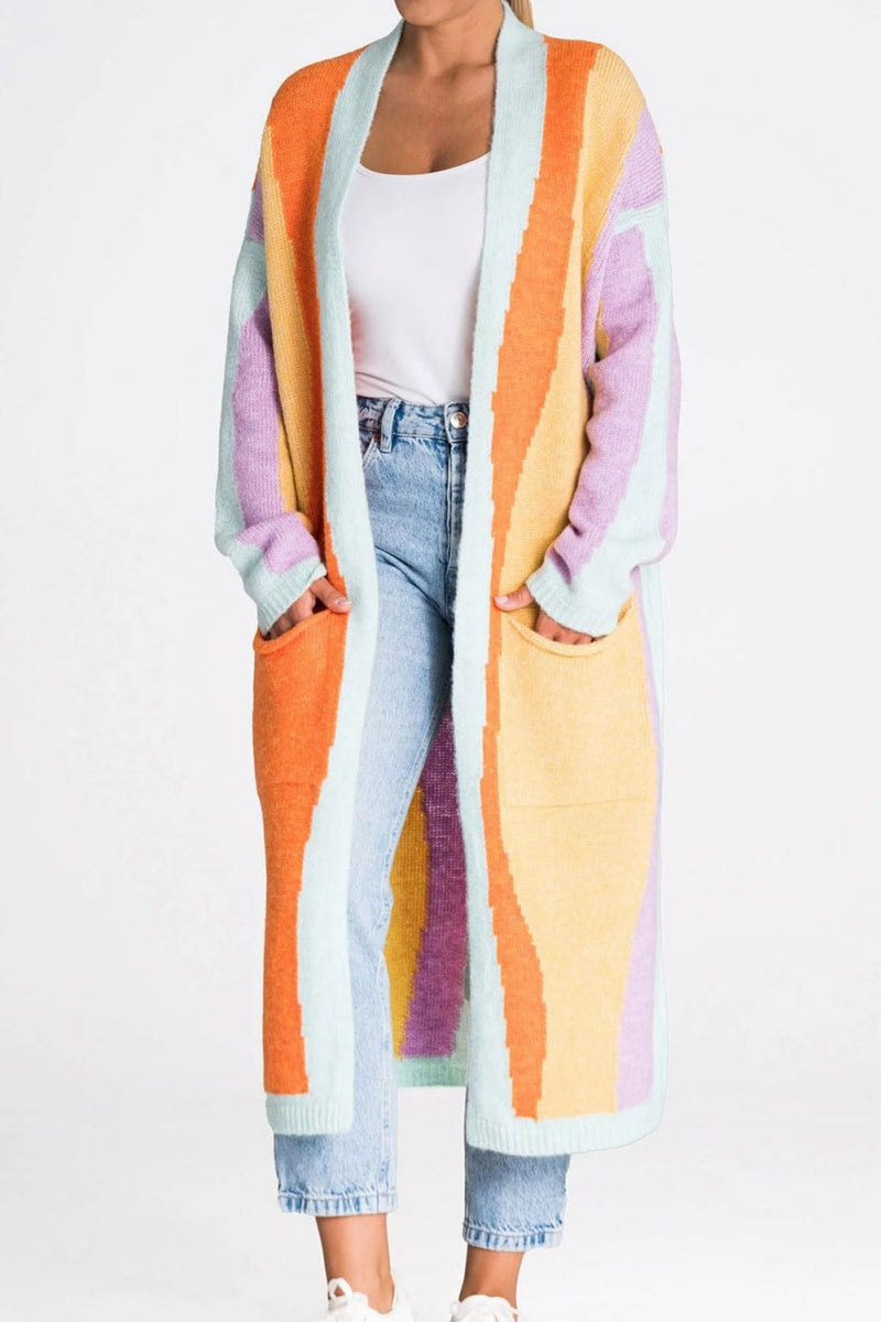 Chouyatou Women's Fall Open Front Color Block Long Cardigan Sweater Coat Casual Vertical Striped Coatigan
