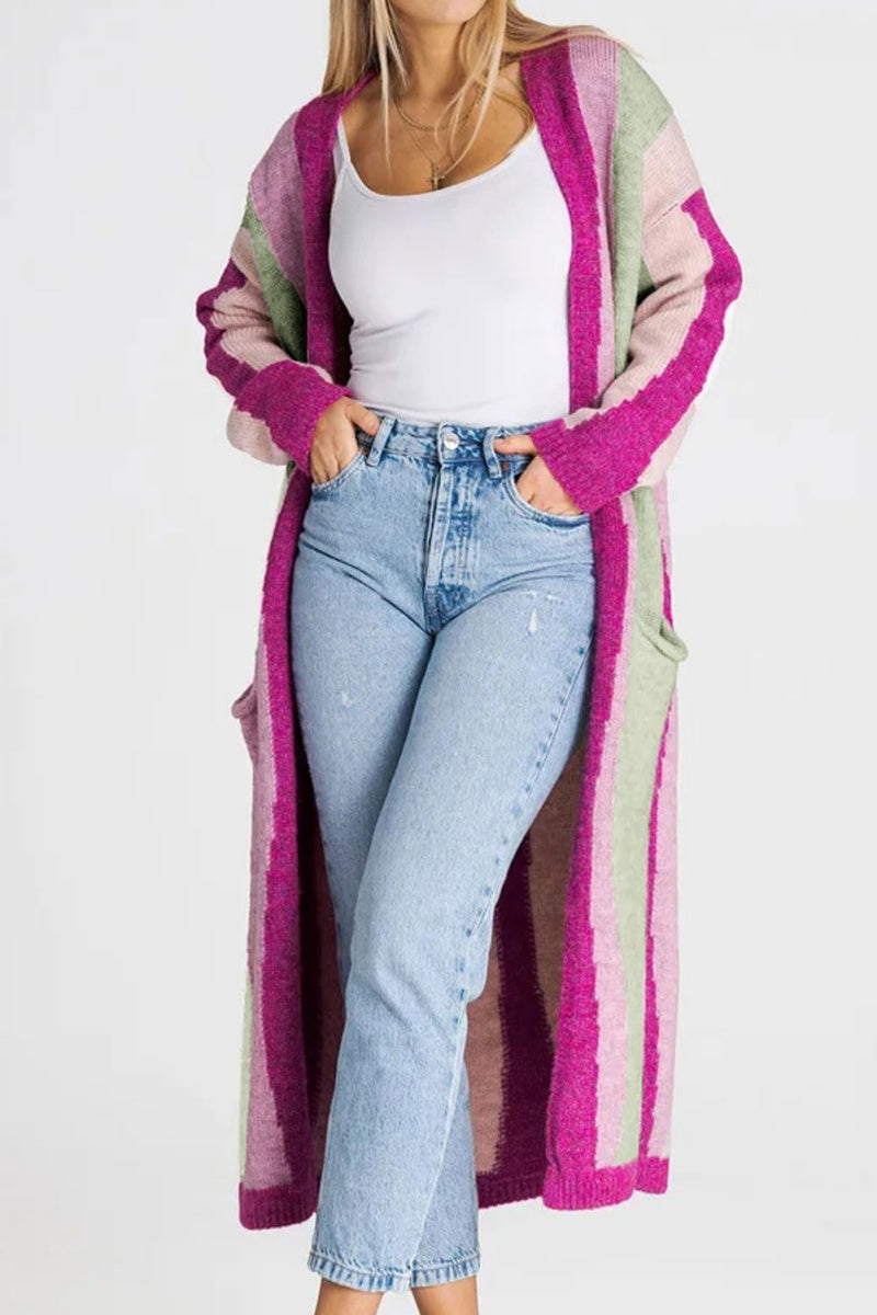 Chouyatou Women's Fall Open Front Color Block Long Cardigan Sweater Coat Casual Vertical Striped Coatigan