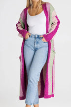 Chouyatou Women's Fall Open Front Color Block Long Cardigan Sweater Coat Casual Vertical Striped Coatigan