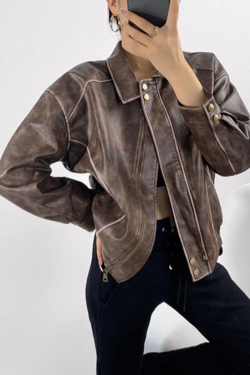 Chouyatou Women's Fall Distressed Faux Leather Bomber Jacket Motorcycle Oversized Leather Jacket