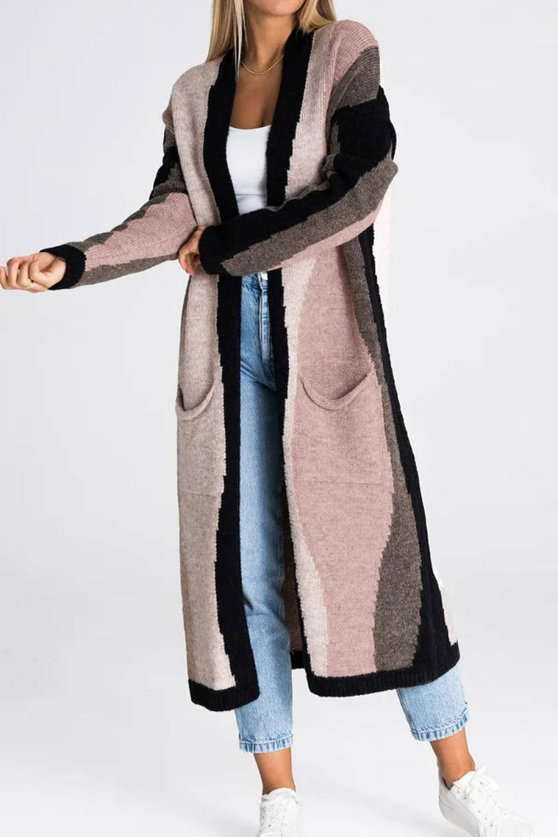 Chouyatou Women's Fall Open Front Color Block Long Cardigan Sweater Coat Casual Vertical Striped Coatigan