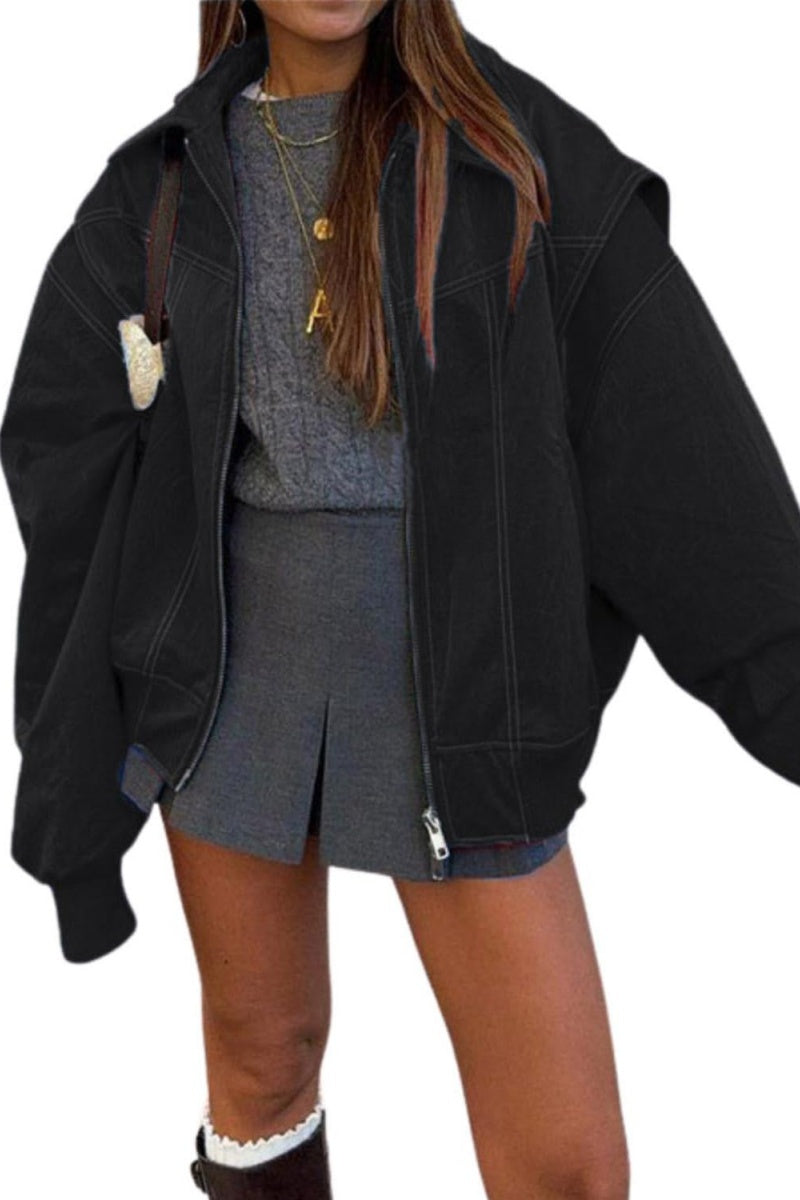 Chouyatou Women's Faux Leather Motorcycle Jacket Oversized Zip Up Winter Coat Outerwear Fall Fashion Clothes