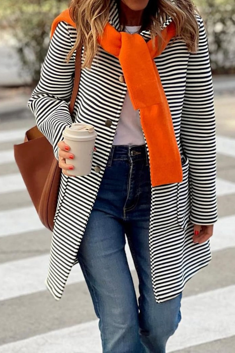 Chouyatou Women's Color Block Striped Hooded Cardigan Sweaters Button Down Long Coatigan Jackets with Pockets