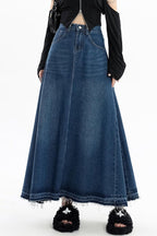 Chouyatou Women's Back Elastic High Waist A-Line Maxi Long Denim Jean Skirt