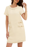 Chouyatou Women's Short Sleeve Crew Neck Tweed Dress A-line Button Part Elegant Mini Dresses