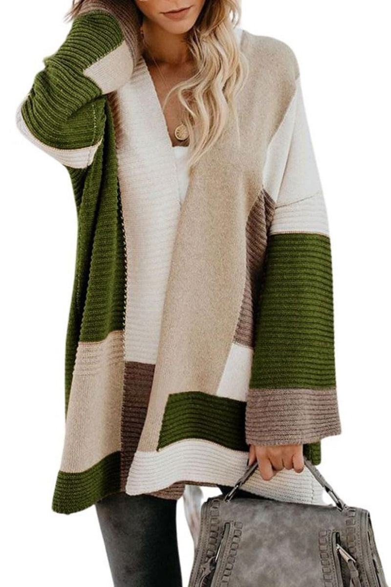 Chouyatou Women's Fall Geometric Color Block Open Front Cardigan Sweater Elegant Casual Oversized Coatigan Coat
