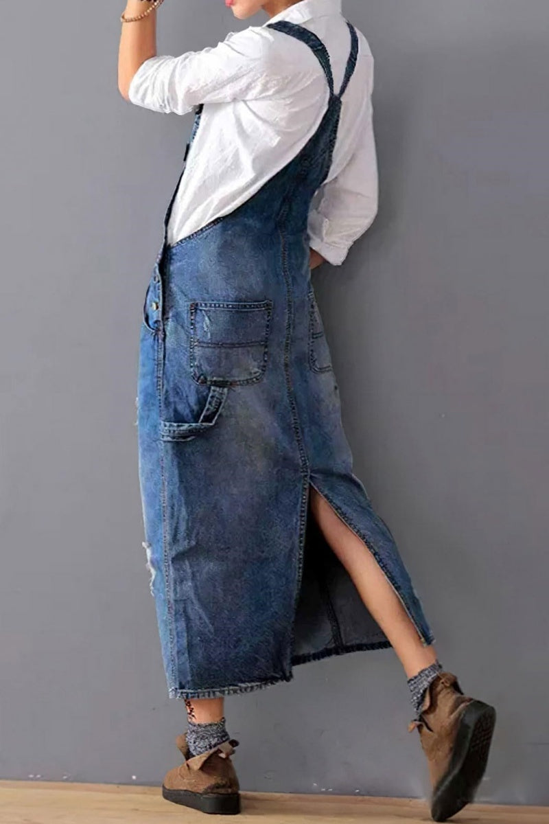 Chouyatou Women's Adjustable Strap Distressed Denim Overall Dress A-Li CHOUYATOU Chouyatou Women's Adjustable Strap Distressed Denim Overall Dress A-Li CHOUYATOU