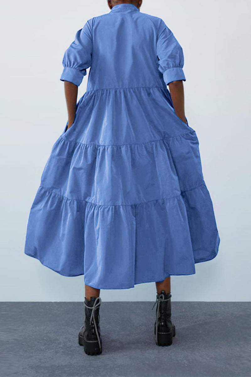 Chouyatou Women's Summer Puff Sleeve Maxi Tiered Babydoll Dress Casual A-Line Swing Long Shirt Dress