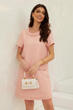 Chouyatou Women's Short Sleeve Crew Neck Tweed Dress A-line Button Part Elegant Mini Dresses