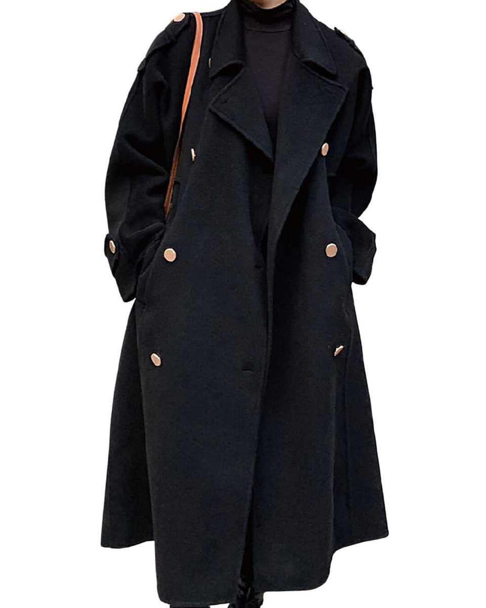 Chouyatou chouyatou Women's Winter Double Breasted Midi Long Wool Pea Coat Notch Lapel Winter Trench Coat