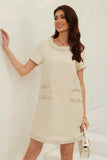 Chouyatou Women's Short Sleeve Crew Neck Tweed Dress A-line Button Part Elegant Mini Dresses