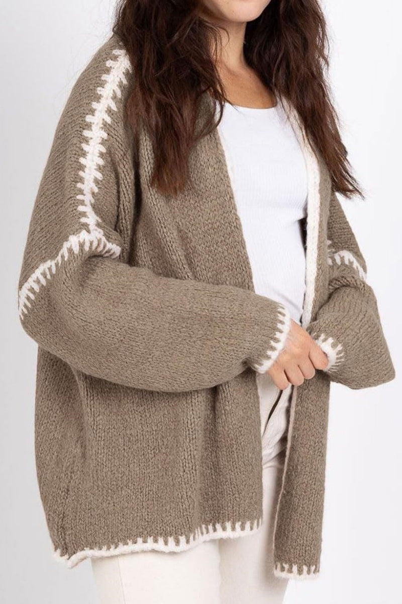 Chouyatou Women Fall Open Front Color Block Cardigan Sweater Casual Striped Chunky Knit Oversized Cardigan