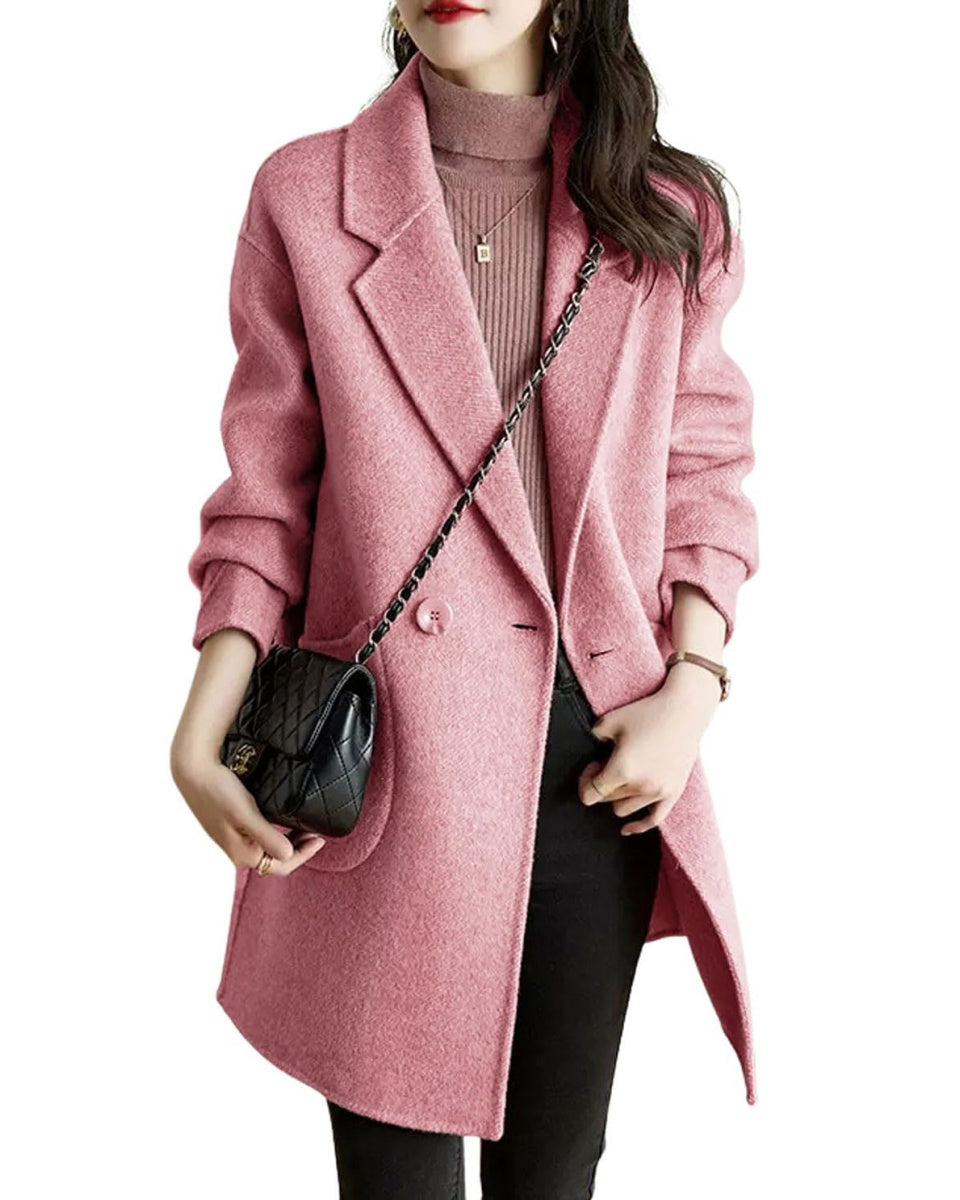 Chouyatou Women's Notch Lapel Herringbone Wool Coat Formal Office Work Double Breasted Winter Pea Coat