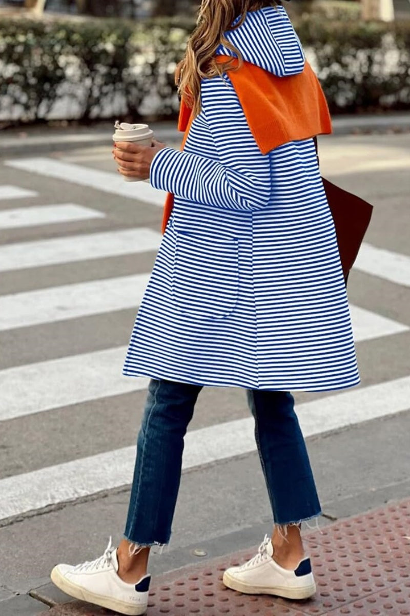 Chouyatou Women's Color Block Striped Hooded Cardigan Sweaters Button Down Long Coatigan Jackets with Pockets