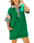 Chouyatou Women's Summer V-Neck Polo Collared Mini Dress Loose Casual Striped Splicing T-Shirt Dress