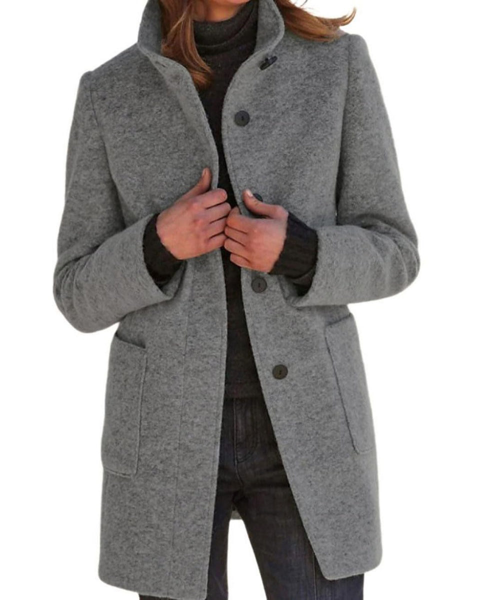 Chouyatou Women Winter Long Pea Coat Wool Blend Stand Collar Single Breast Thicken Blazer Jacket