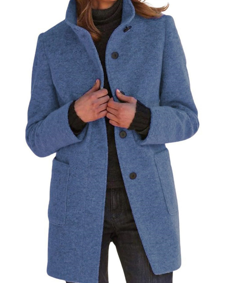 Chouyatou Women Winter Long Pea Coat Wool Blend Stand Collar Single Breast Thicken Blazer Jacket
