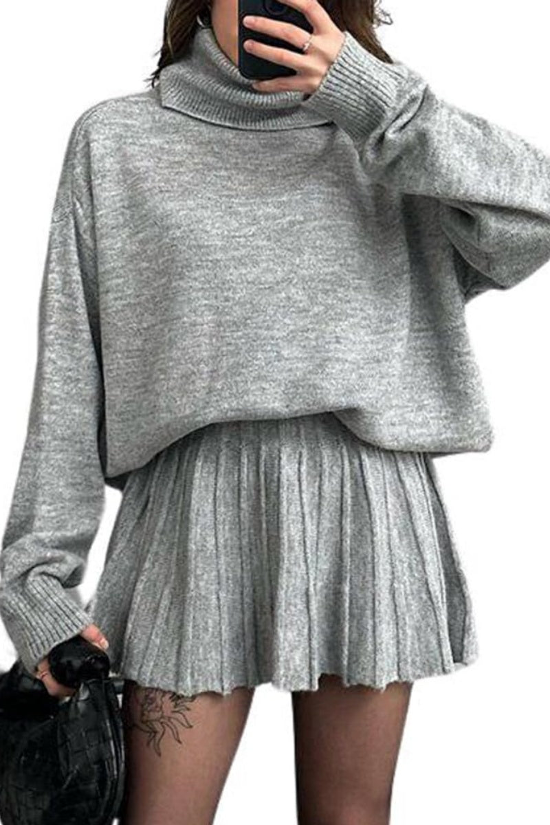 Chouyatou Women's 2 Piece Sweater Skirt Sets Turtleneck Pullover Tops Mini Pleated Skirt Two Piece Knitted Outfits