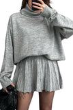 Chouyatou Women's 2 Piece Sweater Skirt Sets Turtleneck Pullover Tops Mini Pleated Skirt Two Piece Knitted Outfits