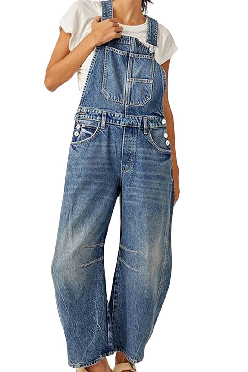 Chouyatou Women Y2k Baggy Barrel Jeans Overalls Wide Leg Denim Pants Bib Overalls Jumpsuit Boyfriend Patchwork Jeans