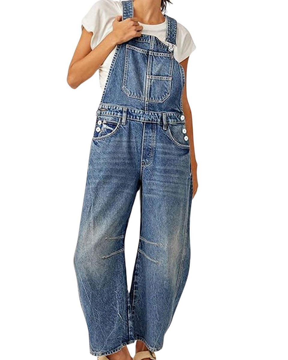 Chouyatou Women Y2k Baggy Barrel Jeans Overalls Wide Leg Denim Pants Bib Overalls Jumpsuit Boyfriend Patchwork Jeans