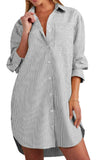 Chouyatou Women's Casual Loose Long Sleeve Striped Button Down Mini Shirts Dress with Pocket