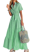Chouyatou Womens Casual Short Sleeve Button Down Tie Waist Ruffled Striped Maxi Shirt Dress