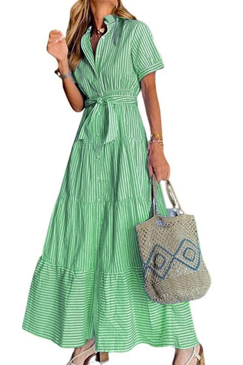 Chouyatou Womens Casual Short Sleeve Button Down Tie Waist Ruffled Striped Maxi Shirt Dress
