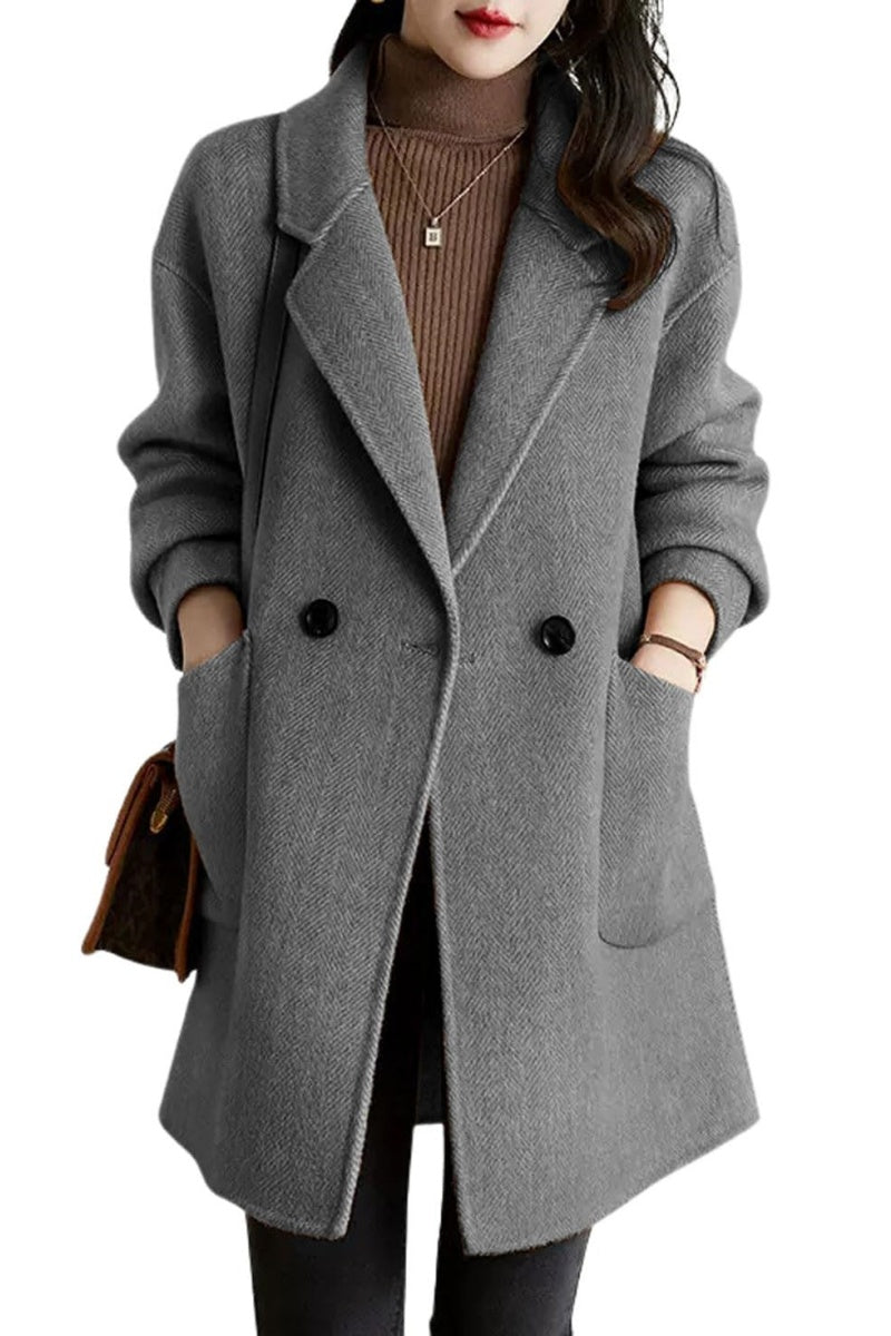 Chouyatou Women's Notch Lapel Herringbone Wool Coat Formal Office Work Double Breasted Winter Pea Coat