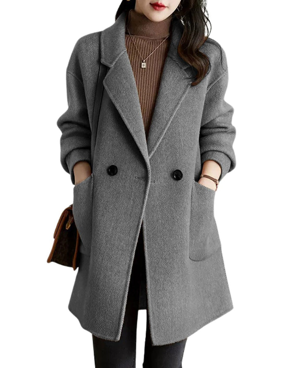 Chouyatou Women's Notch Lapel Herringbone Wool Coat Formal Office Work Double Breasted Winter Pea Coat