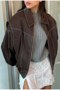 Chouyatou Women's Faux Leather Motorcycle Jacket Oversized Zip Up Winter Coat Outerwear Fall Fashion Clothes