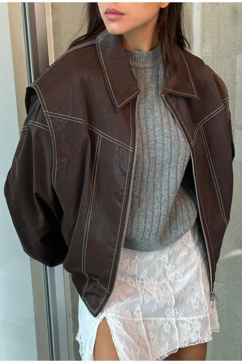 Chouyatou Women's Faux Leather Motorcycle Jacket Oversized Zip Up Winter Coat Outerwear Fall Fashion Clothes