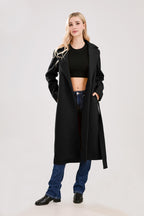 Chouyatou Womens Long Wool Pea Coats Notched Collar Open Front Woolen Blend Trench Coat with Belt