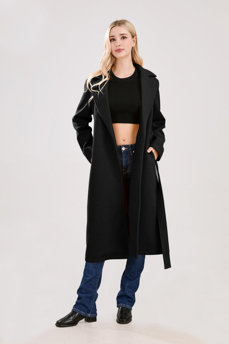 Chouyatou Womens Long Wool Pea Coats Notched Collar Open Front Woolen Blend Trench Coat with Belt