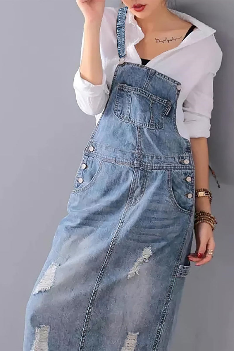 Chouyatou Women's Adjustable Strap Distressed Denim Overall Dress A-Line Pinafore Jean Dress with Split