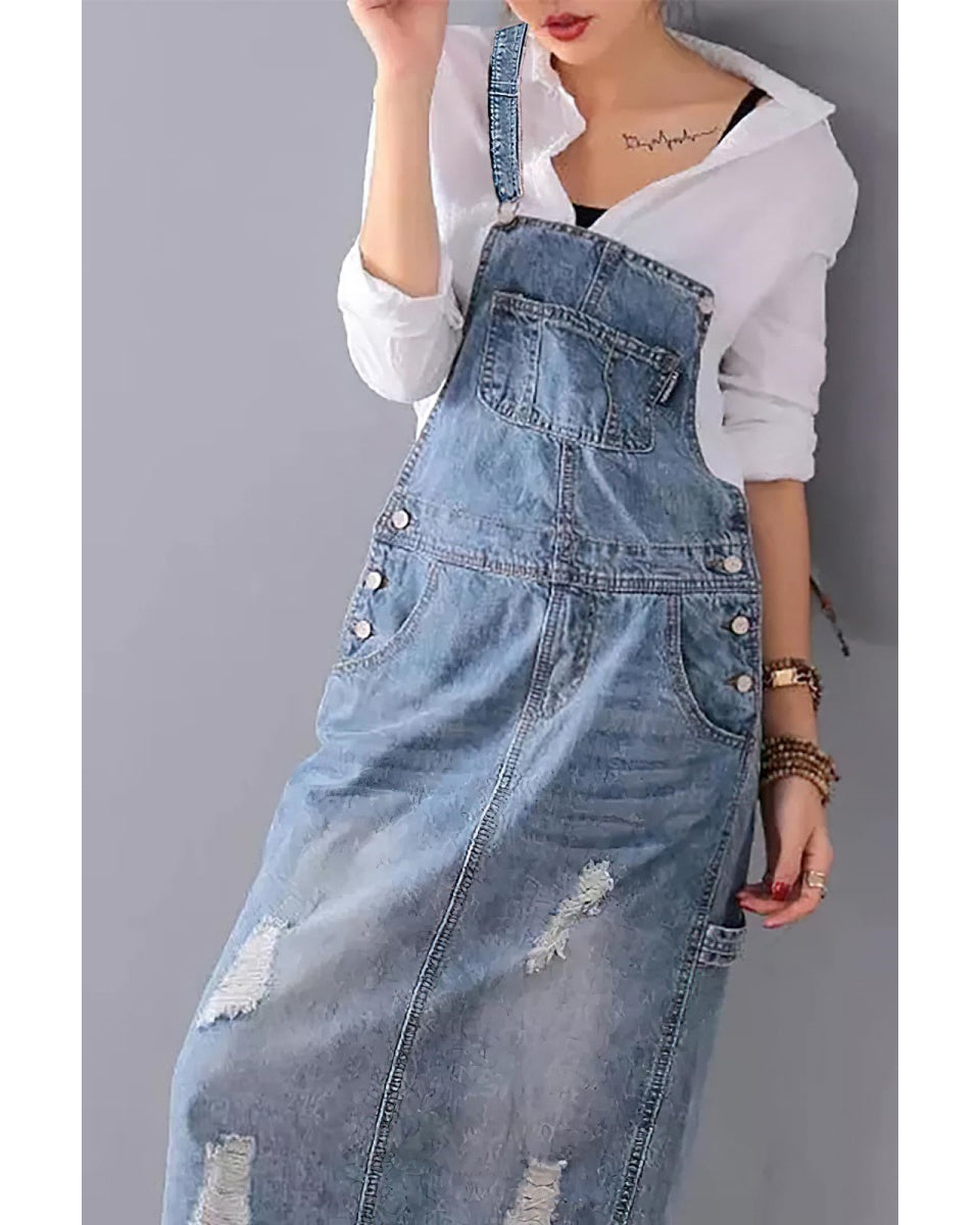 Chouyatou Women's Adjustable Strap Distressed Denim Overall Dress A-Line Pinafore Jean Dress with Split