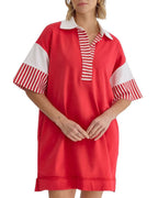 Chouyatou Women's Summer V-Neck Polo Collared Mini Dress Loose Casual Striped Splicing T-Shirt Dress