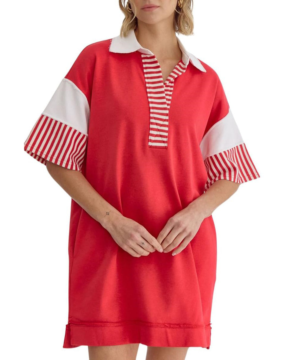 Chouyatou Women's Summer V-Neck Polo Collared Mini Dress Loose Casual Striped Splicing T-Shirt Dress