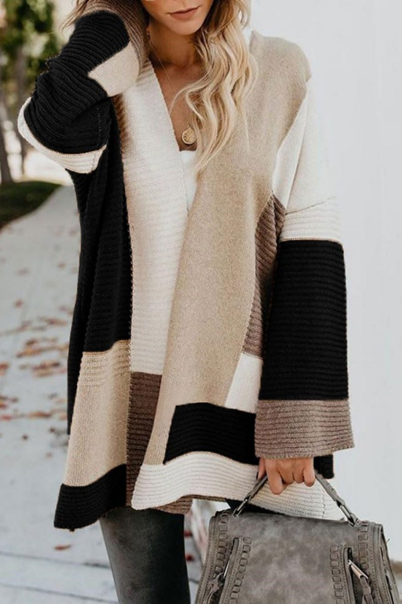Chouyatou Women's Fall Geometric Color Block Open Front Cardigan Sweater Elegant Casual Oversized Coatigan Coat