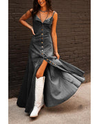 Chouyatou Women's Spaghetti Strap Smocked Back Denim Dress Button Down A-Line Swing Flowy Maxi Jean Dress