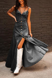 Chouyatou Women's Spaghetti Strap Smocked Back Denim Dress Button Down A-Line Swing Flowy Maxi Jean Dress