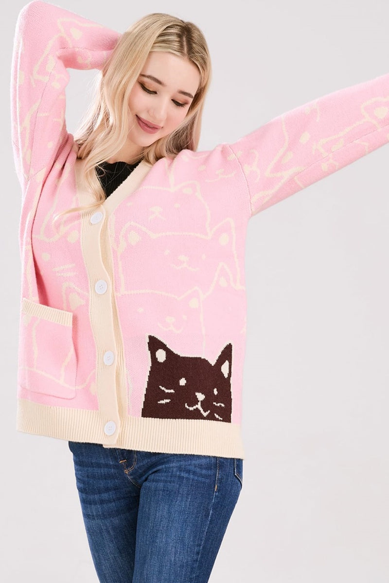 Chouyatou Women's Kawaii Cartoon Cat Cardigan Japanese Aesthetic Button Down Jacquard Knit Sweater Coat