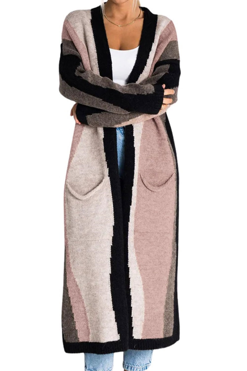 Chouyatou Women's Fall Open Front Color Block Long Cardigan Sweater Coat Casual Vertical Striped Coatigan