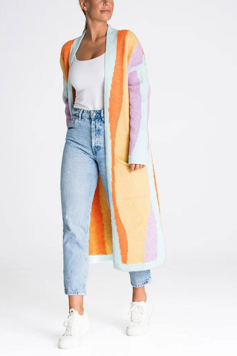 Chouyatou Women's Fall Open Front Color Block Long Cardigan Sweater Coat Casual Vertical Striped Coatigan