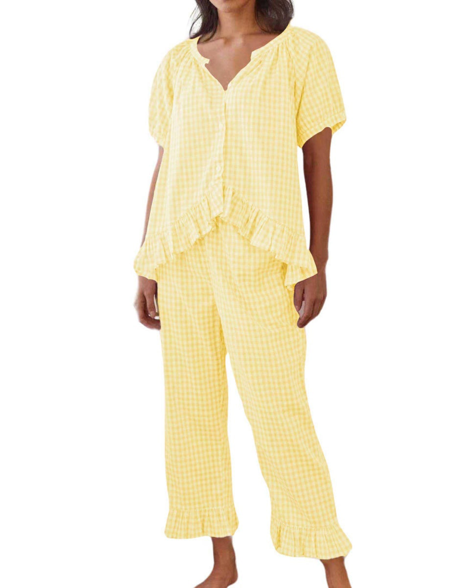 Chouyatou Womens Gingham Pajama Set 2 Piece Short Sleeve Babydoll Shirt and Pants Lounge Set Cute Sleepwear